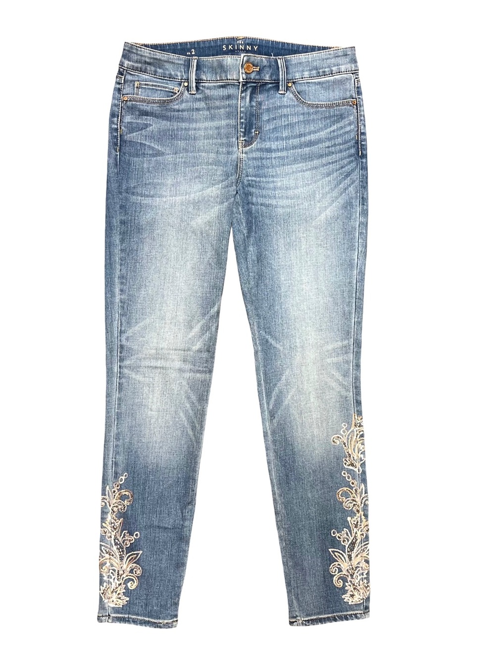 White House Black Market The Skinny Ankle Jeans Size 2 Embroidered Light Wash